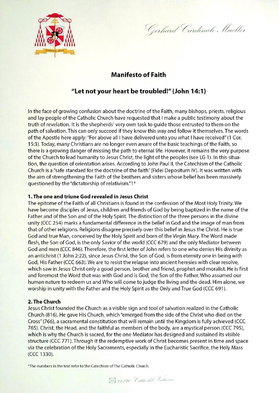 Manifesto sulla fede del cardinale Gerhard Müller (foglio n.1)