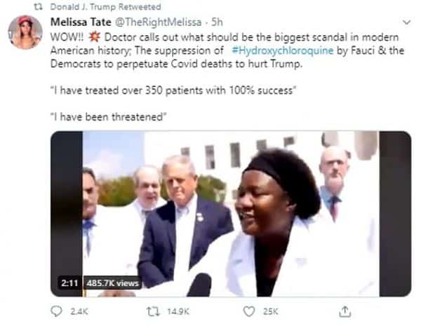 Uno dei video di Trump riportava la testimonianza di una donna, Stella Immanuel, che si è laureata in medicina in Texas lo scorso novembre, secondo i registri statali.
