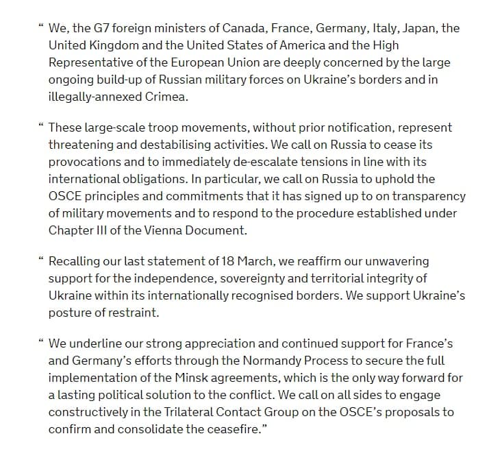 Documento del G7 intima alla Russia di ridurre immediatamente le tensioni con l'Ucraina 1