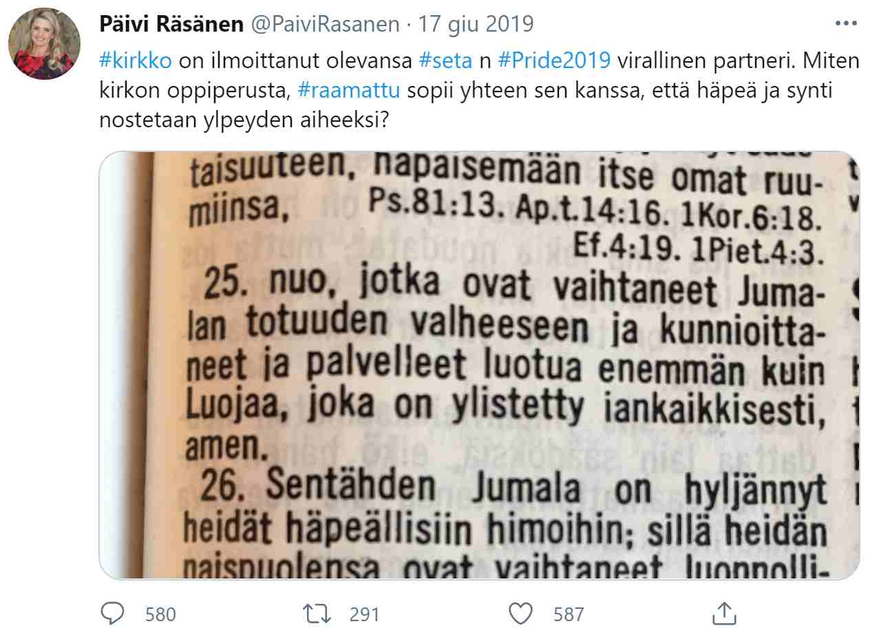 Una politica finlandese rischia il carcere per aver pubblicato un brano della Bibbia 1