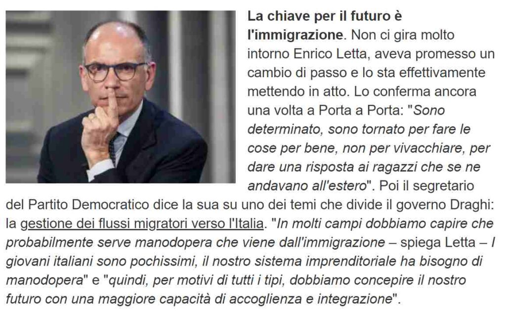 La disoccupazione giovanile in Italia è al 33%, ma Letta dice che devono entrare più migranti perchè abbiamo bisogno di manodopera... 1