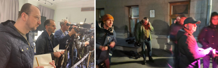 A sinistra, predisposizione telecamera interna per i media; a destra, giornalisti mostrati all'esterno dell'edificio. Tutti i presunti giornalisti sono uomini con tagli di capelli militari; nessuna donna sembra essere stata inclusa nei briefing con la stampa.