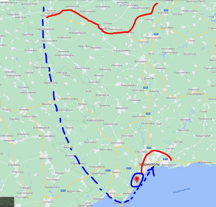 in blu il percorso degli elicotteri - rosso linee russe / DNR