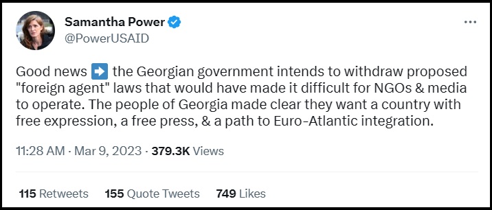 gli Stati Uniti sono il meccanismo di finanziamento per le agenzie antigovernative che operano all'interno del paese, per questo, gli Stati Uniti sono contrari alla legge