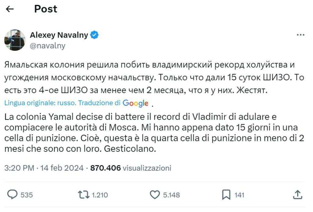 ultimo post di Navalny su X